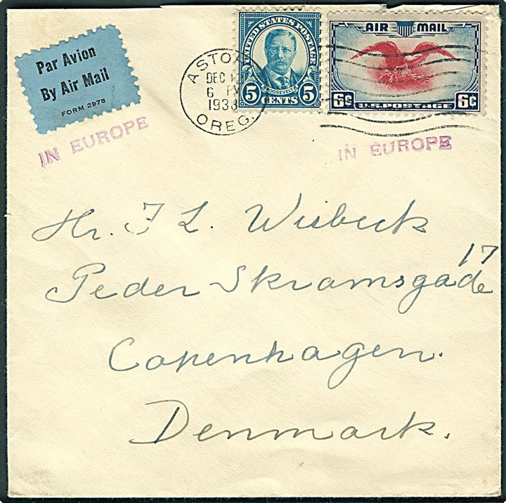 5 cents Roosevelt og 6 cents Luftpost på brev fra Astoria d. 12.12.1938 til København, Danmark. Frankeret til luftpost i Europa med liniestempel: In Europe.