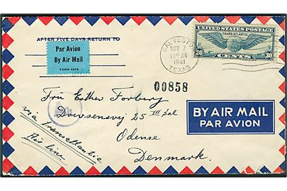 30 cents Winged Globe på luftpostbrev fra Galveston d. 7.11.1941 til Odense, Danmark. Åbnet af tysk censur i Berlin. Fra dansk sømand ombord på Standard Oil Company tankskib S/S H.M.Fagler som sejlede under Panama flag.