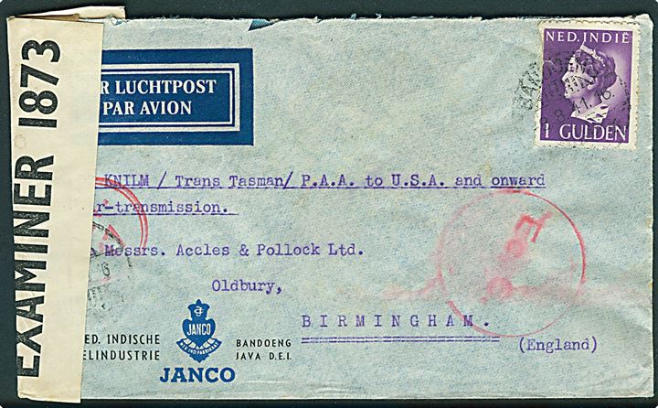 1 gylden Wilhelmina (defekt) single på luftpostbrev fra Bandoeng d. 8.8.1941 til Birmingham, England. Påskrevet: KNILM/Trans Tasman/PAA to USA and onward air transmission. Åbnet af britisk censur PC90/1873.