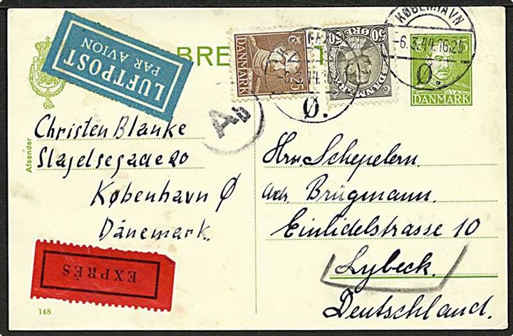 15 øre Chr. X helsagsbrevkort (fabr. 148) opfrankeret med 25 øre og 50 øre Chr. X og sendt som luftpost ekspres fra København Ø. d. 6.3.1944 til Lübeck, Tyskland. Passér stemplet ved den tyske censur i Berlin.