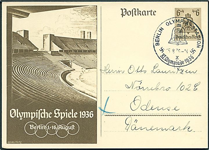 6+4 pfg. illustreret Olympiade helsagsbrevkort annulleret med særstempel Berlin Olympia-Stadion XI. Olympiade 1936 d. 15.8.1936 til Odense, Danmark. Uden meddelelse på bagsiden.