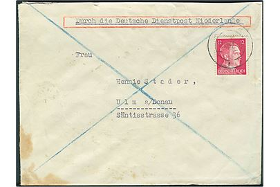12 pfg. Hitler udg. på brev fra Haag annulleret med stumt stempel d. 17.10.1942 til Ulm, Tyskland. Påskrevet: Durch de Deutsche Dienstpost Niederlande.