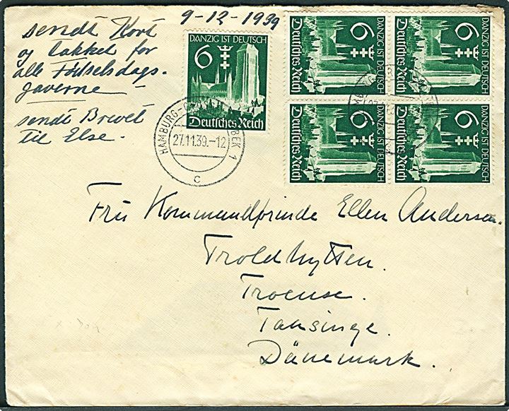 6 pfg. Danzig ist Deutsch (5) på brev fra Hamburg d. 27.11.1939 til Troense, Danmark. Åbnet af tysk censur.