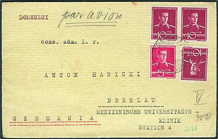 5 l. og 10 l. (3) Kong Michael på luftpostbrev fra Bucuresti d. 1.3.1942 til Breslau, Tyskland. Åbnet af tysk censur i Wien.
