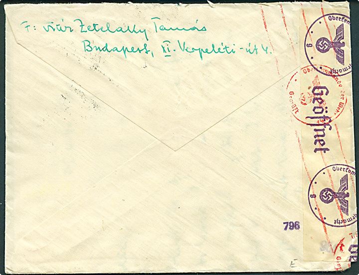 10 f. Horthy i parstykke og 20 f. på brev fra Budapest d. 25.6.1940 til København, Danmark. Åbnet af tysk censur i Wien.