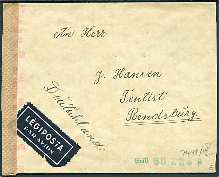 20 f. Istvan Horthy i parstykke på bagsiden af luftpostbrev fra Apatin i ungarsk annekteret Serbien 1942 til Rendsburg, Tyskland. Åbnet af tysk censur i Wien.