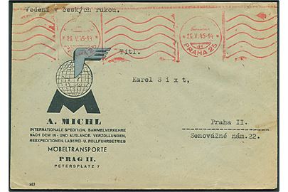 Rødt udslebet 2-sproget frankostempel på lokalbrev i Prag d. 25.6.1945. Påskrevet vedeni v ceskych rukou.