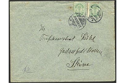 5 øre Våbentype helsagsafklip (2) på brev fra Aarhus II d. 29.8.1905 til Skive.