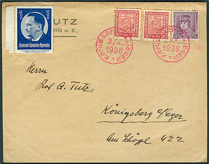 20 h. Våben (2) og 60 h. Stefanik på lokalbrev annulleret med rødt stempel Königsberg a.d. Eger d. 3.10.1938. 1 kc. Konrad Henlein Spende mærkat. 