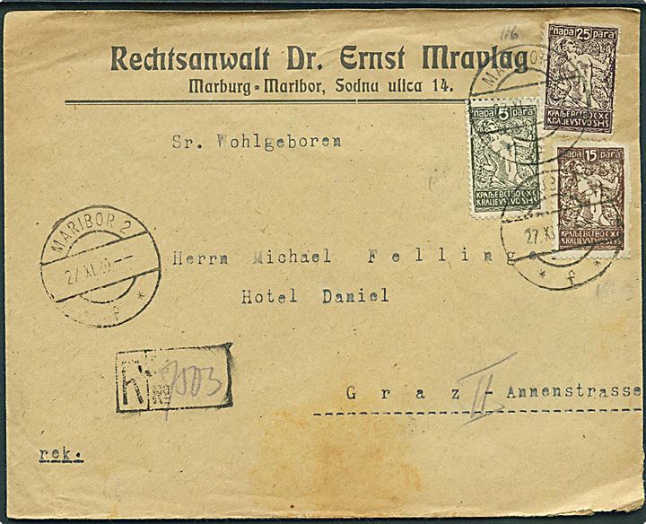5 p., 15 p. og 25 p. Kædespringer på anbefalet brev fra Maribor d. 27.11.1920 til Graz, Østrig.