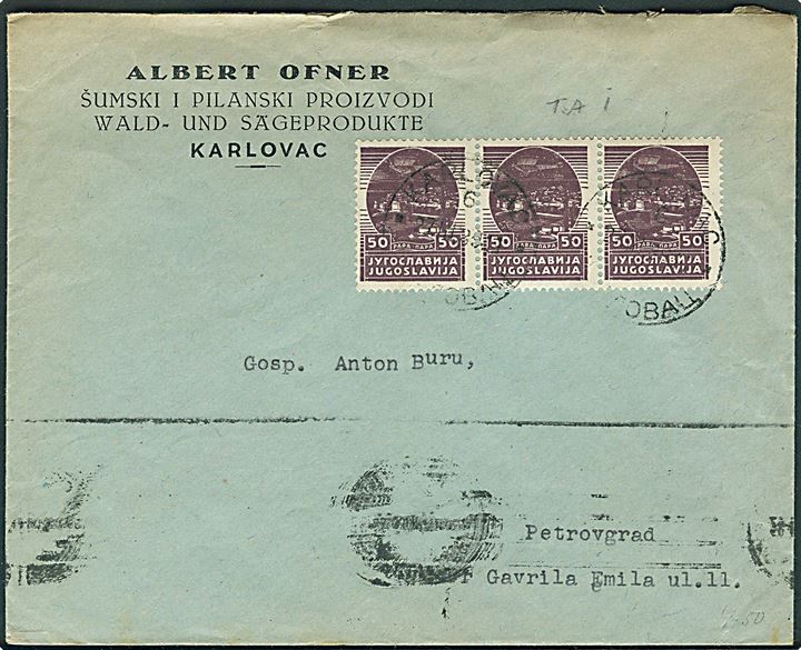 50 para Luftpost i vandret 3-stribe på brev fra Karlovac med svagt stempel til Petrovgrad.