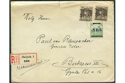 5 f. og 20 f. (2) SHS Hrvatska provisorium på anbefalet brev fra Osijek ca. 1919 til Budapest.