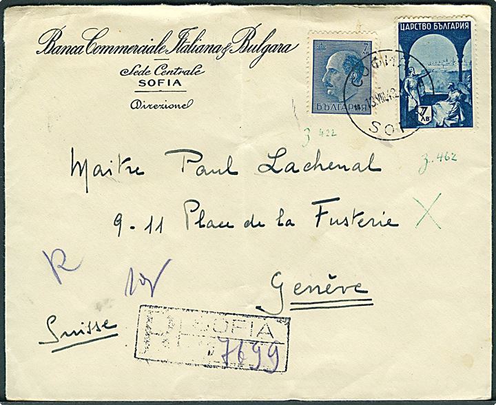 7 l. Boris III og 7 l. Historie på anbefalet brev fra Sofia d. 18.8.1943 til Geneve, Schweiz. Uden censur.