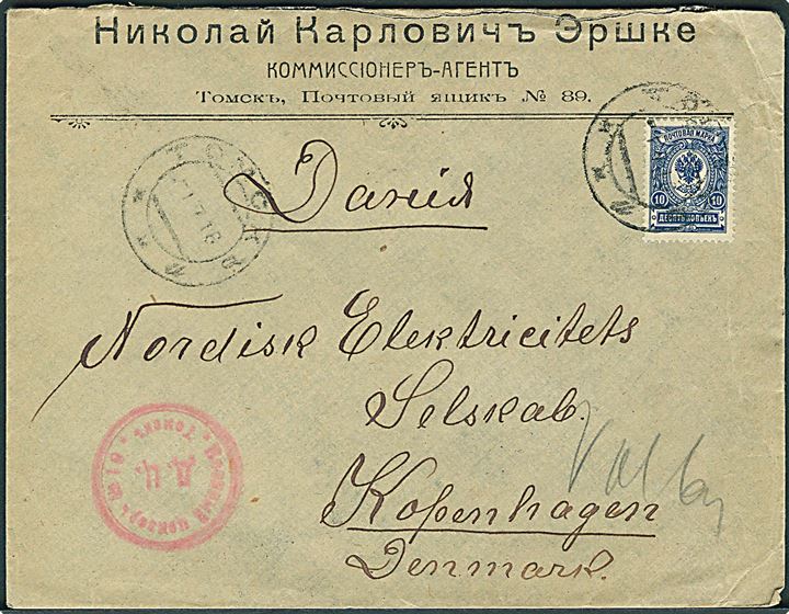 10 kop. Våben single på brev fra Tomsk d. 1.7.1916 til København, Danmark. Lokal russisk censur fra Tomsk.