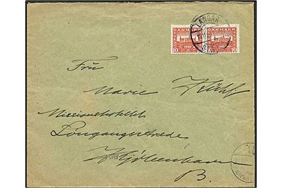 10 øre Genforening i parstykke på brev fra Skive annulleret med bureaustempel Langaa - Struer T.1021 d. 15.11.1920 til København. 