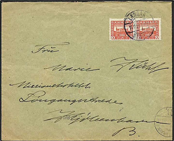10 øre Genforening i parstykke på brev fra Skive annulleret med bureaustempel Langaa - Struer T.1021 d. 15.11.1920 til København. 
