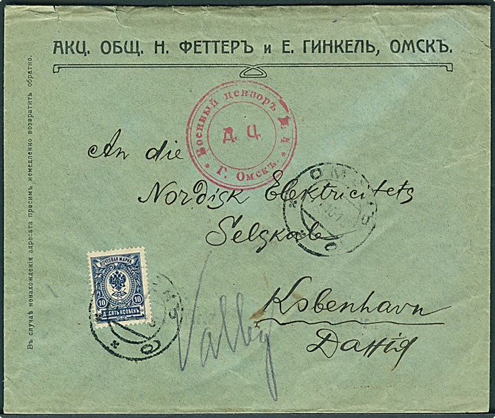 10 kop. Våben single på brev fra Omsk d. 11.10.1915 til København, Danmark. Åbnet af lokal russisk censur i Omsk.