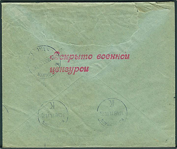10 kop. Våben single på brev fra Omsk d. 11.10.1915 til København, Danmark. Åbnet af lokal russisk censur i Omsk.