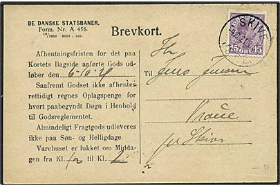 15 øre Chr. X single på brevkort stemplet Skive JB.P.E. d. 4.10.1921. På bagsiden ovalt jernbanestempel Skive Godsekspd. D.S.B.