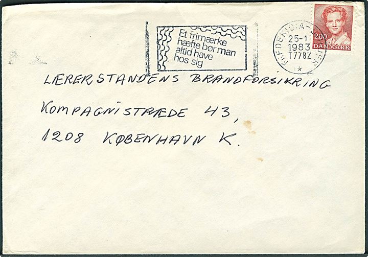 2 kr. Margrethe på brev fra Holstebro annulleret med bureau TMS-stempel Et frimærke hæfte bør man altid have hos sig/ Fredericia - Struer T.7782 d. 25.1.1983 til København.