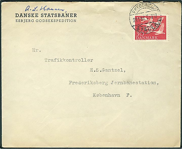 30 øre Nordens Dag på fortrykt kuvert fra Danske Statsbaner Esbjerg Godsekspedition annulleret med bureaustempel Fredericia - Struer T.317 d. 29.1.1957 til København.