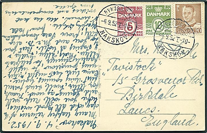 5 øre, 10 øre Bølgelinie og 20 øre Fr. IX på brevkort fra Nakskov annulleret med bureaustempel Nykøbing - Nakskov T.10 d. 4.9.1950 til Birkdale, England.