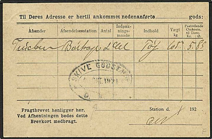 15 øre Chr. X single på brevkort stemplet Skive JB.P.E. d. 4.10.1921. På bagsiden ovalt jernbanestempel Skive Godsekspd. D.S.B.