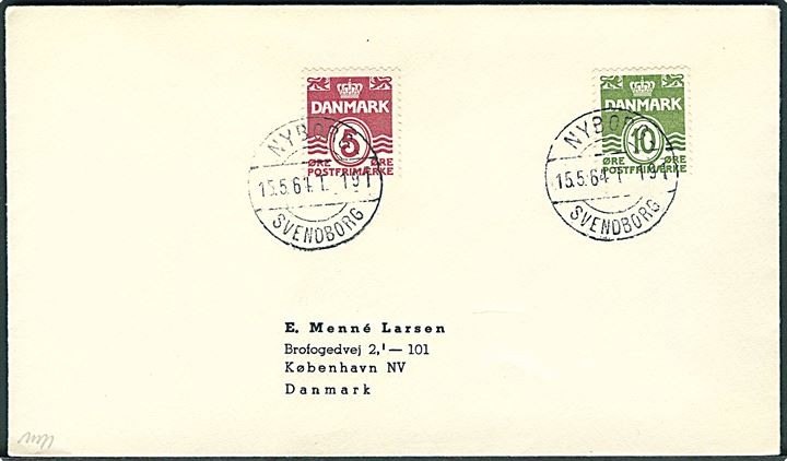 5 øre og 10 øre Bølgelinie på tryksag annulleret med bureaustempel Nyborg - Svendborg T.191 d. 15.5.1964 til København.
