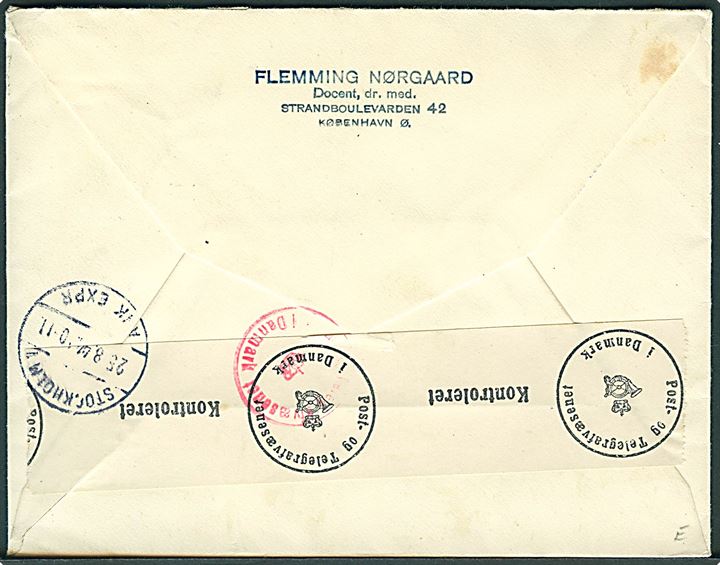 5 øre Bølgelinie og 20 øre Landsbykirke i fireblok på luftpost ekspresbrev fra København d. 23.8.1944 til Stockholm, Sverige. Åbnet af dansk censur.