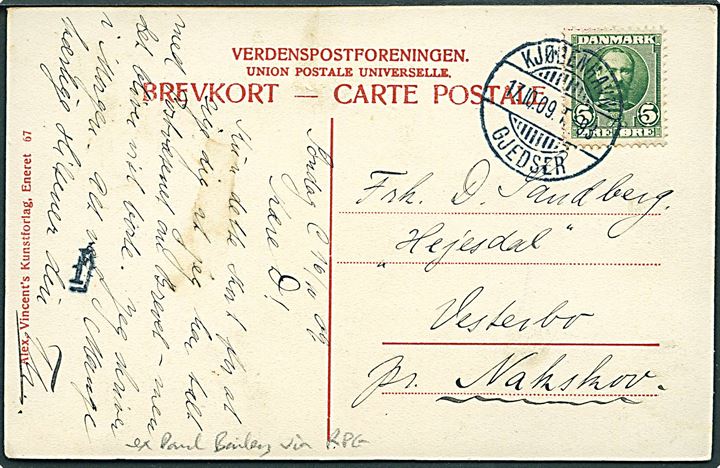 5 øre Fr. VIII på brevkort (Danmarksmonumentet) annulleret med bureaustempel Kjøbenhavn - Gjedser T.93 d. 17.10.1909 til Vesterbo pr. Nakskov.