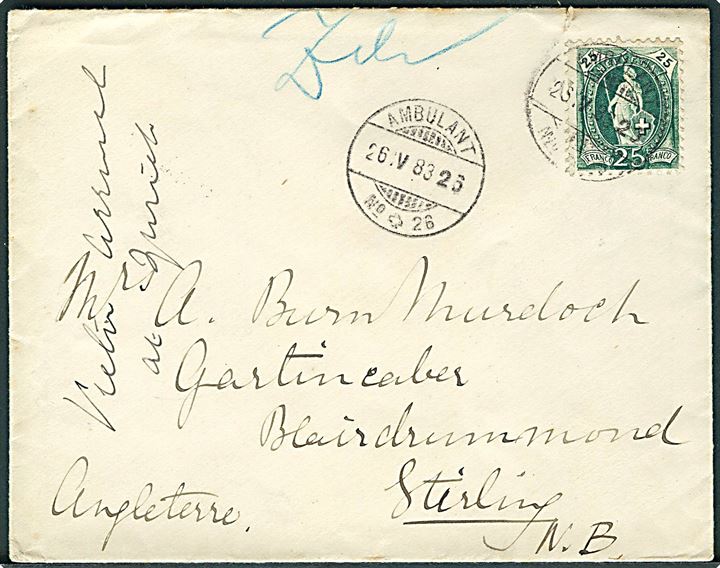 25 c. Helvetia single på brev annulleret med bureaustempel Ambulante No. 26 d. 26.4.1883 til Sterling, England.