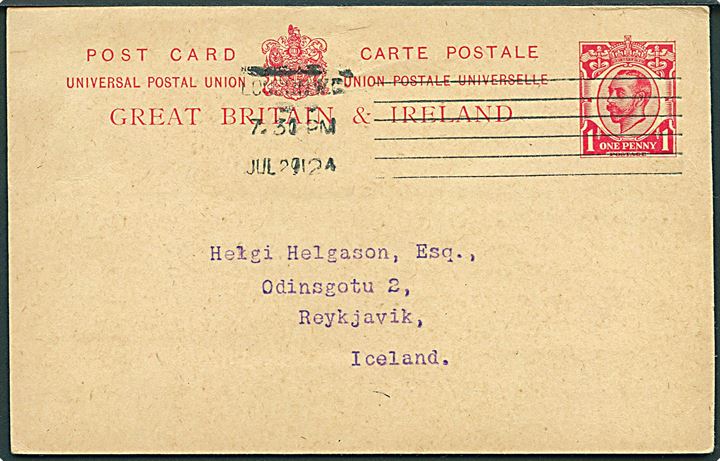 1d George V helsagsbrevkort fra London d. 29.7.1912 til Reykjavik, Island.
