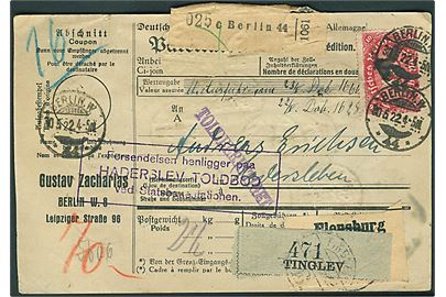 10 mk. Ciffer udg. (7) på for- og bagside af infla adressekort for pakke fra Berlin d. 30.5.1922 via Tinglev B. til Haderslev, Danmark. 