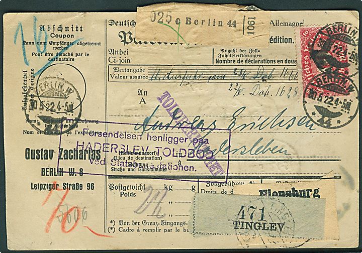 10 mk. Ciffer udg. (7) på for- og bagside af infla adressekort for pakke fra Berlin d. 30.5.1922 via Tinglev B. til Haderslev, Danmark. 