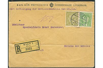 5 h. og 40 h. Våben på anbefalet brev fra Wien d. 30.10.1918 til Görlitz, Tyskland.