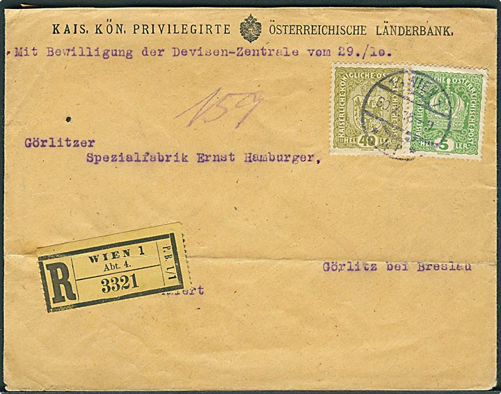 5 h. og 40 h. Våben på anbefalet brev fra Wien d. 30.10.1918 til Görlitz, Tyskland.