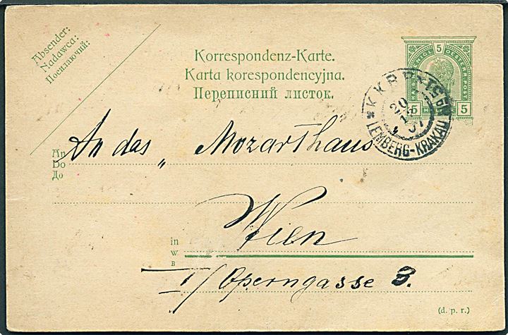 5 h. helsagsbrevkort (tysk, polsk, russisk tekst) dateret Rzeszów og annulleret med bureaustempel K.K.B.P. * Lemberg - Krakau no. 51 * d. 20.12.1907 til Wien.