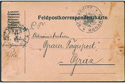 Ufrankeret feltpostkort stemplet K.u.K. Kriegsmarine S.M.S. Monarch d. 30.5.1916 til Graz. Sendt fra Pola med briefstempel: S.M.Schiff * Monarch *. Klæbe rester.