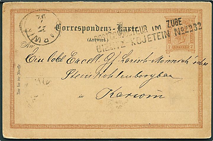 2 h. svardel af dobbelt helsagsbrevkort dateret Gurek d. 26.7.1892 annulleret med bureaustempel Postconducteur im Zuge Bielitz - Kojetein no. 2232 til Karwin.