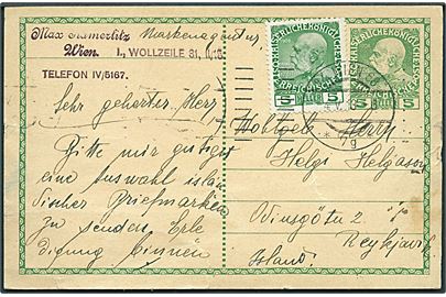 5 h. helsagsbrevkort opfrankeret med 5 h. Franz Joseph fra Wien d. 4.5.1913 til Reykjavik, Island. Rift i bunden.