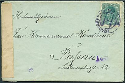 20 h. på brev fra Obernberg am Inn ca. 1918 til Passau, Tyskland. Åbnet af militærcensur.