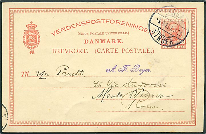 10 øre Fr. VIII helsagsbrevkort annulleret med bureaustempel Langaa - Struer T.1021 d. 9.10.1913 til Rom, Italien.