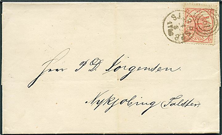 8 øre Korne/Scepter på brev fra Kjøbenhavn annulleret med kombineret nr.stempel 181/SJ.JB.P.SP.B. d. 4.8.1870 til Nykjøbing Falster.