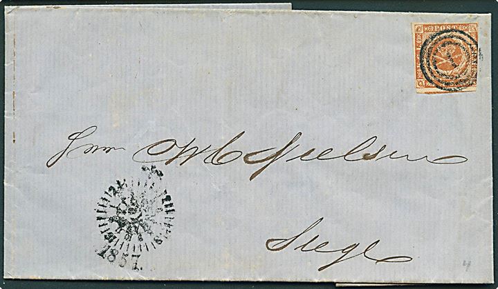 4 sk. 1854 udg. tæt klippet på brev annulleret med nr.stempel 1 og sidestemplet med kompasstempel Kiøbenhavn d. 27.4.1857 til Stege.