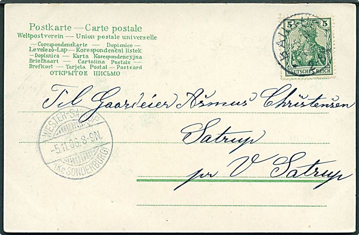 5 pfg. Germania på brevkort stemplet Baurup d. 5.11.1906 til Satrup pr. V. Satrup.