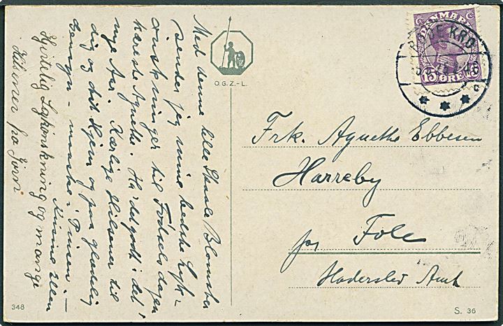 15 øre Chr. X på brevkort annulleret med brotype IIb Røde Kro sn2 d. 5.3.1925 til Harreby pr. Fole.