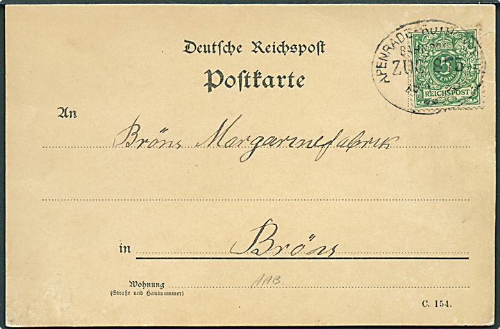 5 pfg. Ciffer på brevkort fra Aabenraa annulleret med bureaustempel Apenrade - Rothenkrug Bahnpost Zug 875 d. 28.1.1895 til Brøns.