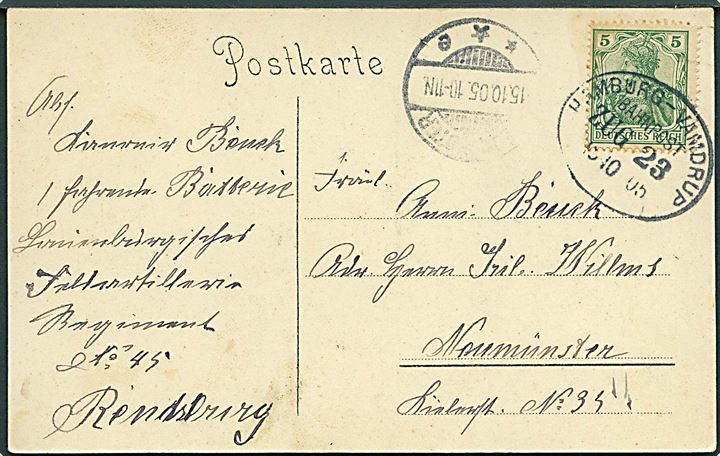 5 pfg. Germania på brevkort fra soldat ved Feldartilleri Regiment Nr. 45 i Rendsburg annulleret med bureaustempel Hamburg - Vamdrup Bahnpost Zug 23 d. 15.10.1905 til Neumünster.