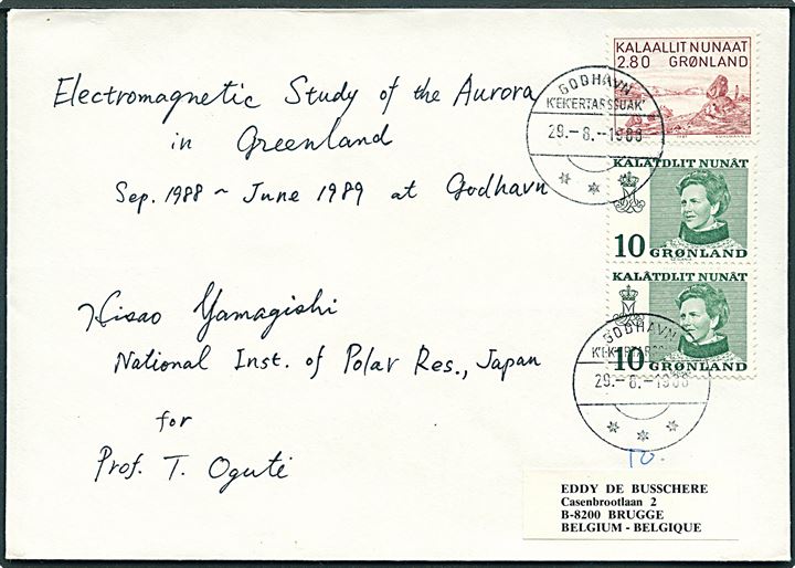 10 øre Margrethe (2) og 2,80 kr. Landskab på brev fra Godhavn d. 29.8.1988 til Brugge, Belgien. Fra japansk deltager af Electromagnetic Study of the Aurora in Greenland 1988-1989.