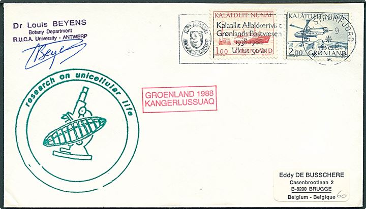 1 kr. og 2 kr. Postbefordring på ekspeditionsbrev stemplet Sdr. Strømfjord d. 5.9.1988 til Brugge, Belgien. Flere sidestempler og signatur.